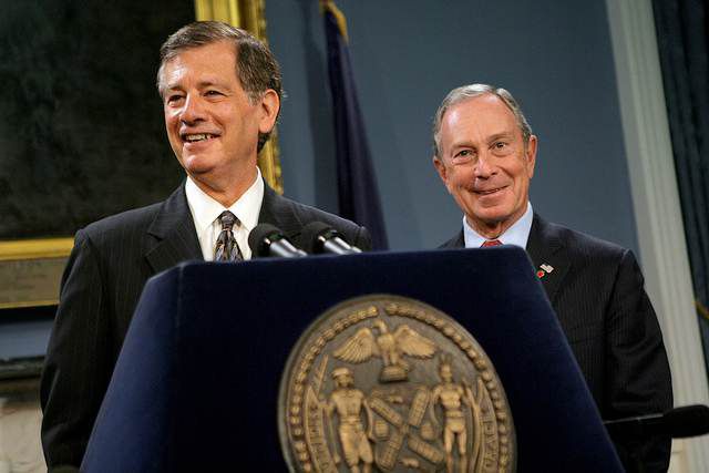 Mayor Bloomberg and former Deputy Mayor Stephen Goldsmith at his first day on the job back in April 2010